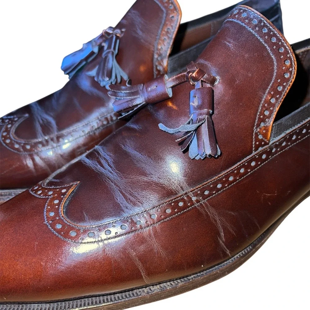 Johnston & Murphy Tassel Loafers Mens Size 10 Burgundy Leather Wingtip Brogue